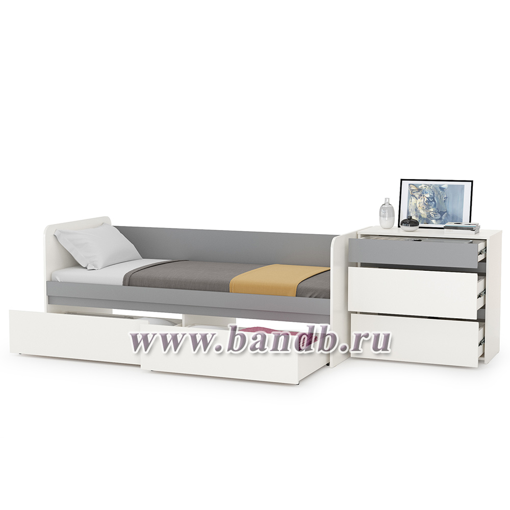 Молодёжная кровать с ящиками Торонто 11.39 с комодом цвет белый шагрень/стальной серый Картинка № 2