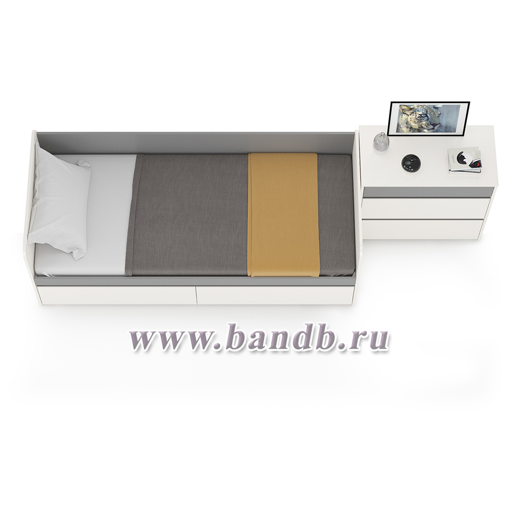 Молодёжная кровать с ящиками Торонто 11.39 с комодом цвет белый шагрень/стальной серый Картинка № 3