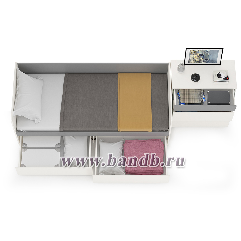 Молодёжная кровать с ящиками Торонто 11.39 с комодом цвет белый шагрень/стальной серый Картинка № 4