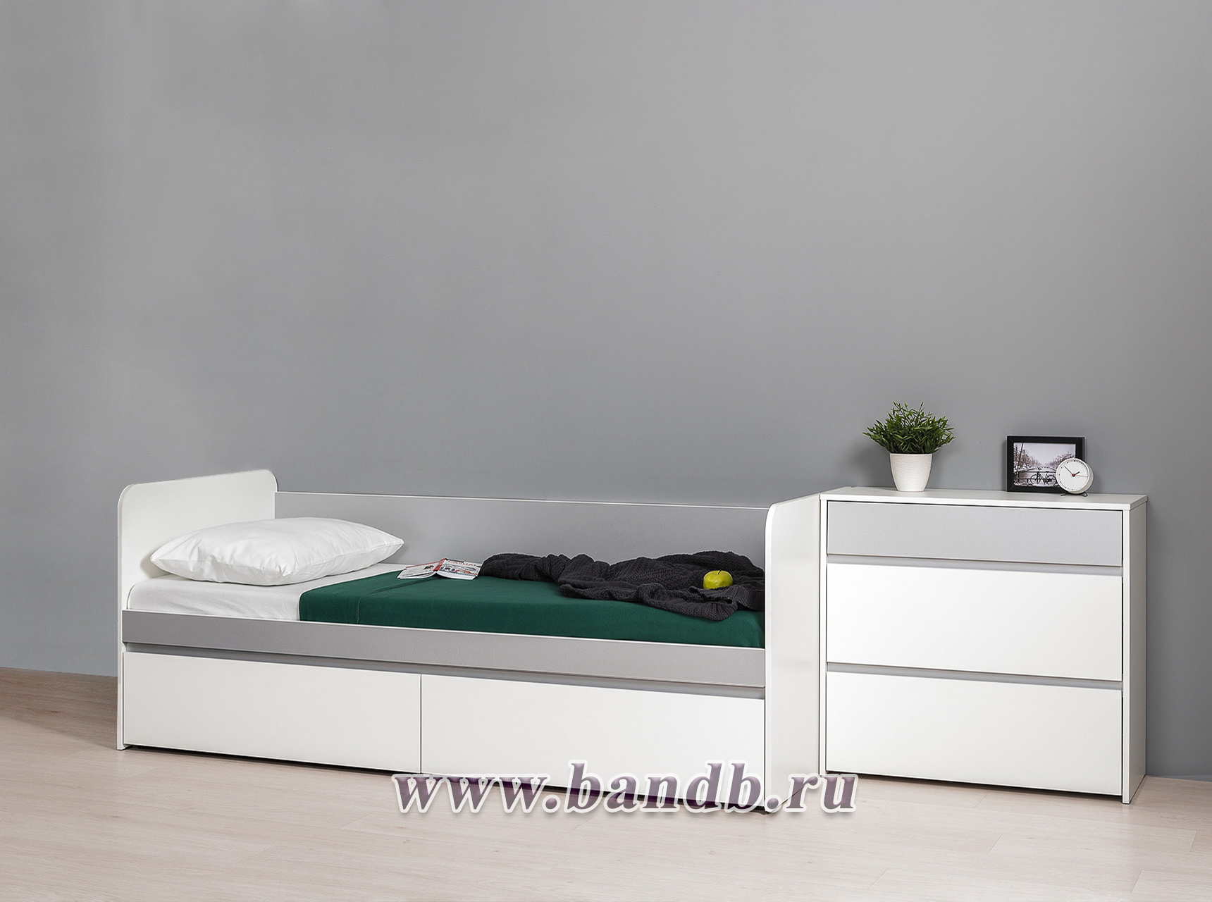 Молодёжная кровать с ящиками Торонто 11.39 с комодом цвет белый шагрень/стальной серый Картинка № 9