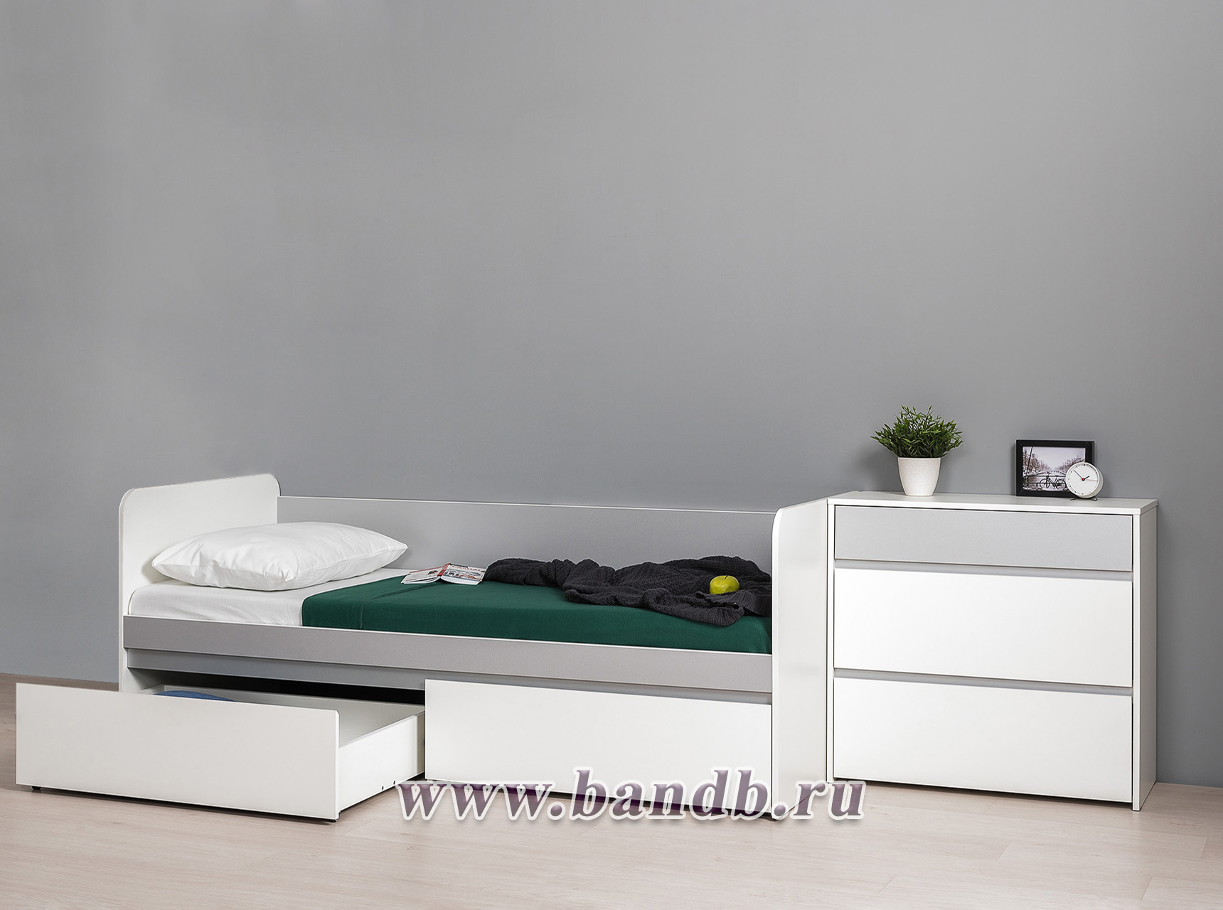 Молодёжная кровать с ящиками Торонто 11.39 с комодом цвет белый шагрень/стальной серый Картинка № 10