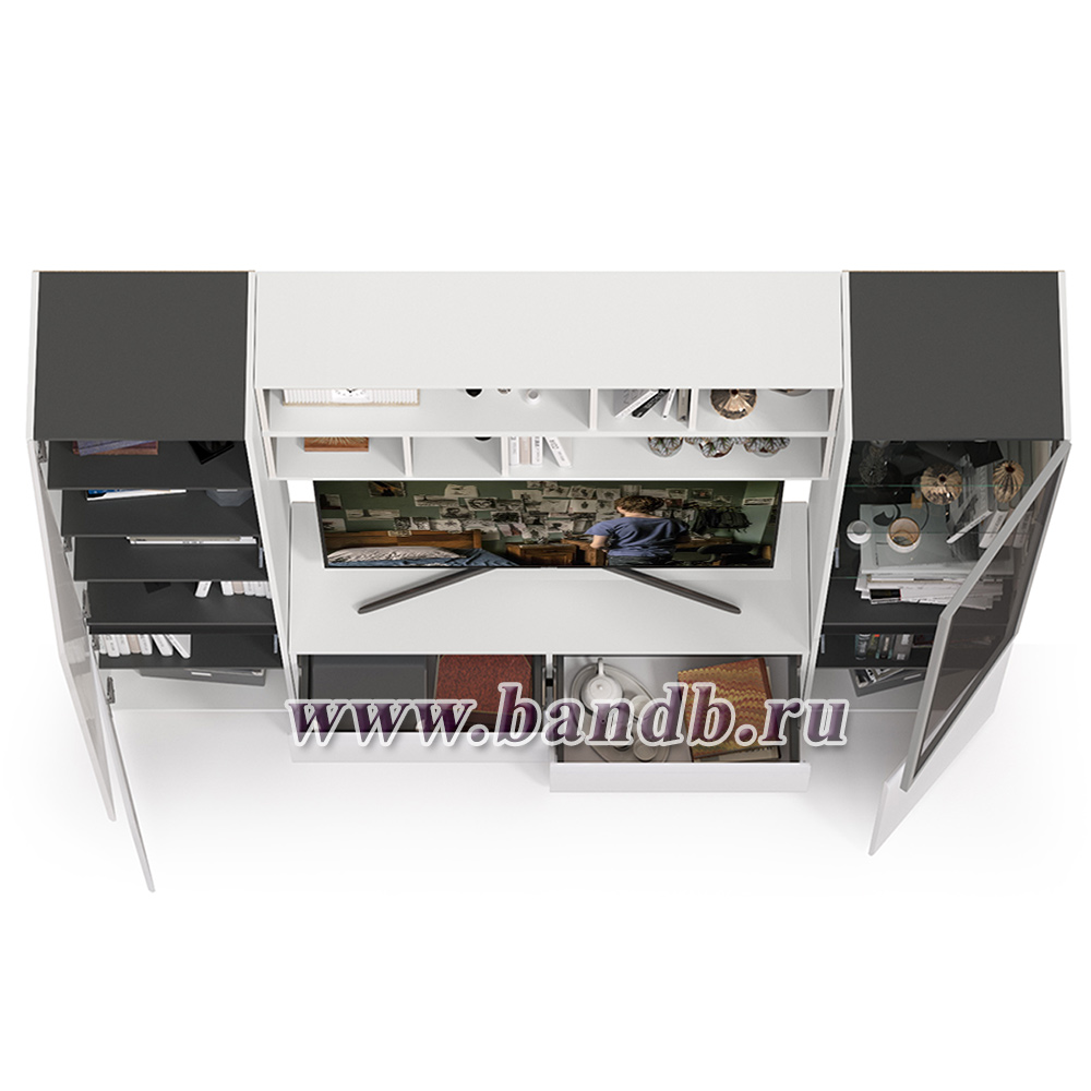 Сидней мебель для гостиной № 39 цвет белый/чёрный/фасады МДФ белый глянец Картинка № 8