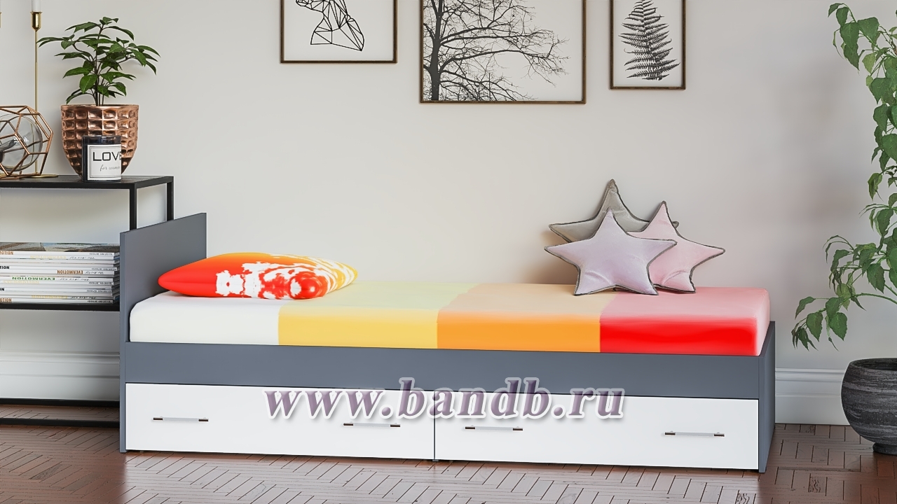 Кровать с ящиками Мори 900 цвет графит/белый Картинка № 9