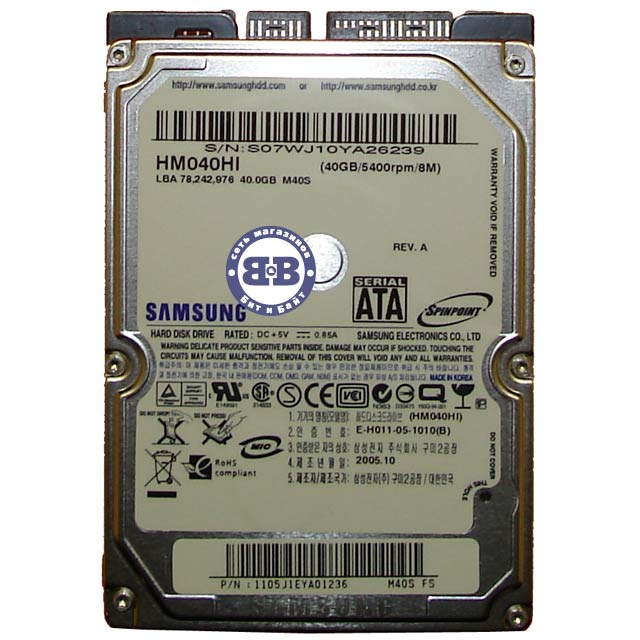 Жёсткий диск для ноутбука HDD Samsung 40Gb HM040HI 5400rpm 8Мб SATA 2,5 дюйма Картинка № 1