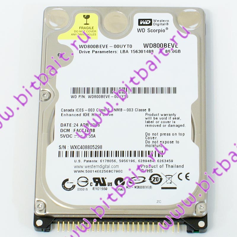 Жёсткий диск для ноутбука HDD Western Digital 80Gb WD800BEVE Scorpio 5400rpm 8Мб IDE 2,5 дюйма Картинка № 1