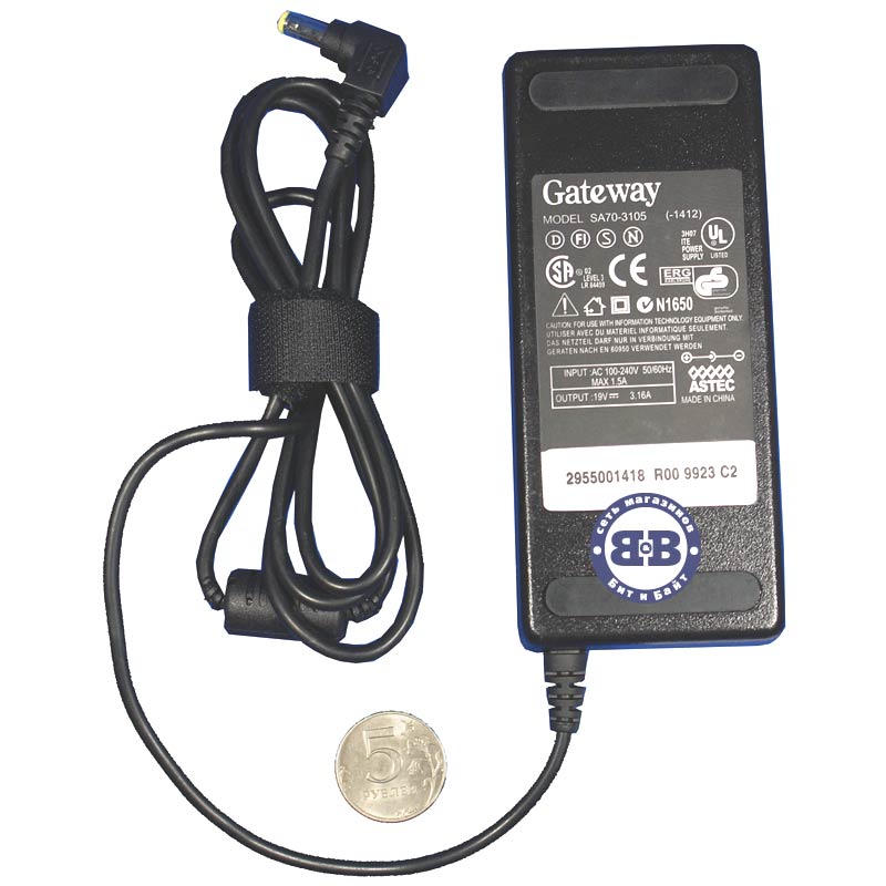 Зарядное устройство #1609001, блок питания для ноутбуков Gateway AC Adapter 19V/3.16A Картинка № 1