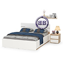 Кровать Лея 1600 с мягкой спинкой с тумбочкой и навесной полкой цвет дуб эндгрейн элегантный/миндаль/искуственная кожа белая